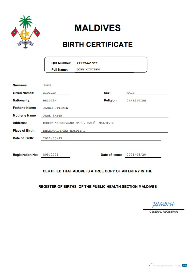 Download Maldives birth certificate Word and PDF template Photoshop template